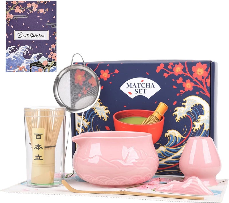 Evoio Matcha Whisk Set with Bowl, 8 Pcs Matcha Kit with Ceramic Holder, Scoop Holder, Sifter, Tea Towel, Greeting Card, Bamboo Whisk and Scoop, Pink Christmas Gift for Tea Lovers - Image 1